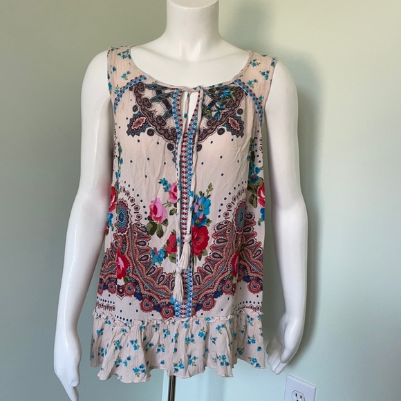 BILA BOHO GYPSY FLORAL TASSEL JESSICA TANK TOP MED - Picture 1 of 9